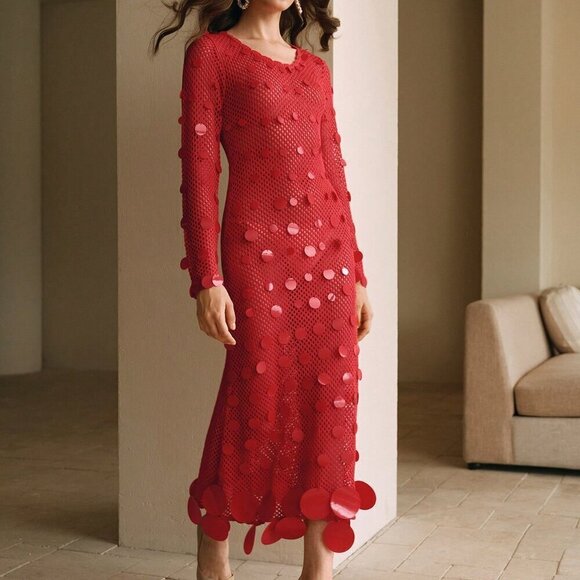 Red Elegant Women's Sequined Crochet Long-Sleeve Dress - Picture 3 of 7